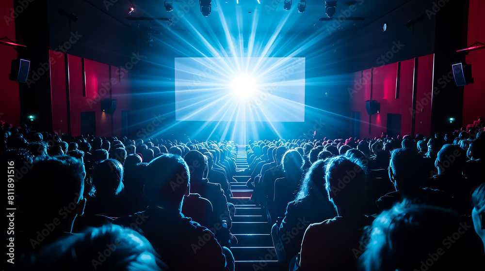 Enthralled Audience Watching a Bright Movie Screen in a Theater Enthralled Audience Watching a Bright Movie Screen in a Theater