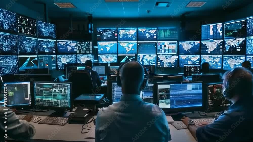 Security Operations Center (SOC). Operators are engaged in monitoring multiple screens displaying global data and security threats. The high-tech environment, represented by the dark, cool color tones