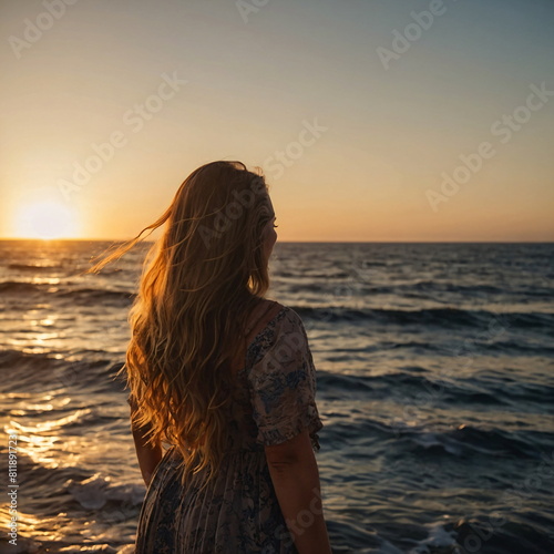 Woman at the beach at sunset