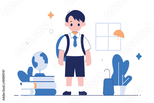 Cartoon boy with a backpack stands by books and a globe, ready for school