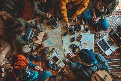 The picture of the group of the young or adult caucasian human focus and looking at a map of the world in a small room that has been filled with various object under bright sun in the daytime. AIGX03. photo