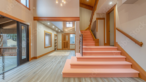 Contemporary entrance with a peach staircase large wooden front door and light hardwood floors leading up to a vaulted ceiling Fresh modern appeal