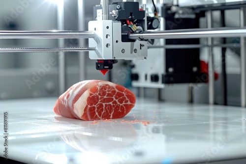 Innovative image of 3D printed meat on a platform, illustrating the concept of synthetic food production and biotechnology advancements