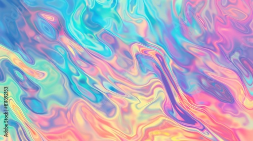 Grainy iridescent holographic gradient background. Psychedelic colourful pattern for your business and brand. Trippy moving water glossy texture