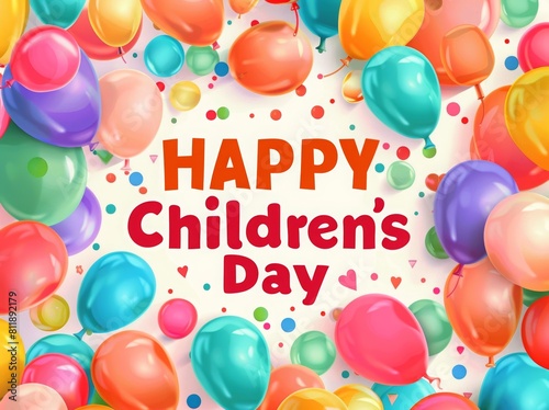 A vibrant and colorful background filled with balloons of various colors  with the words  Happy Children s Day . Childrens day celebration or festive events.
