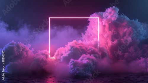 3d render, abstract minimal background, neon light square frame with copy space, illuminated clouds.