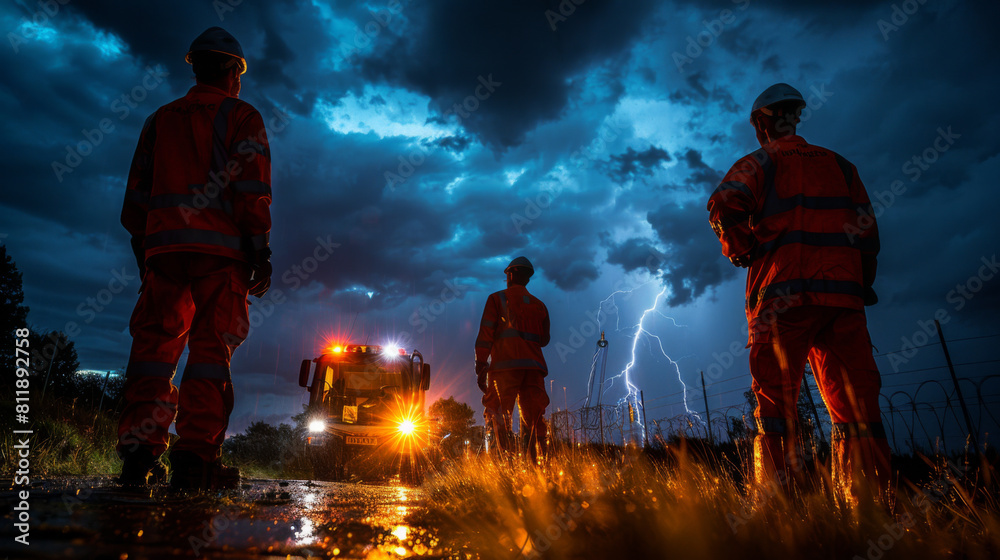Fototapeta premium Emergency workers at night under a dramatic thunderstorm sky, illuminated by vehicle lights.
