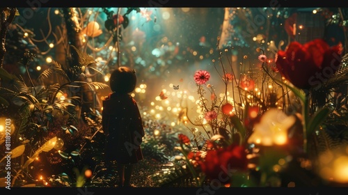 Happy children walking at fantasy forest with glowing flower with magical moment surrounded with fantasy animal. Attractive girl walking at enchanted wild garden landscape. Abstract background. AIG42.