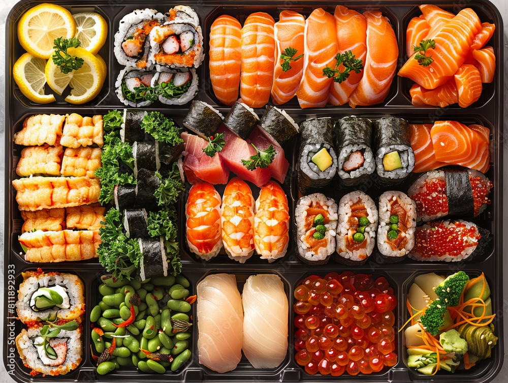 A tray of sushi and other food.