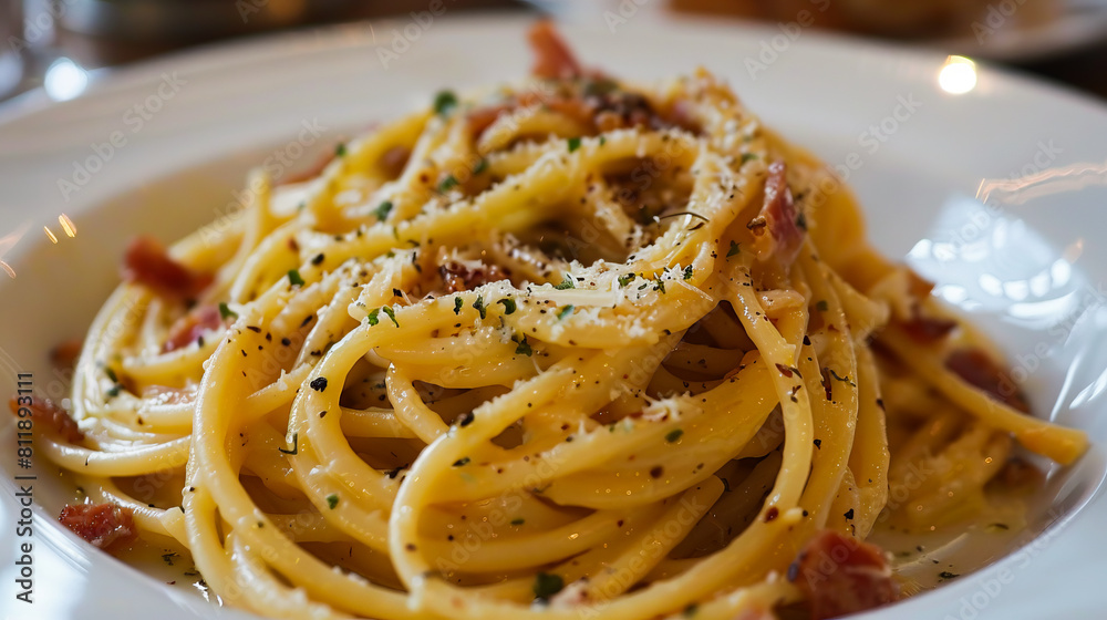 A plate of pasta with bacon and parmesan cheese. A plate of pasta with bacon and parmesan cheese.