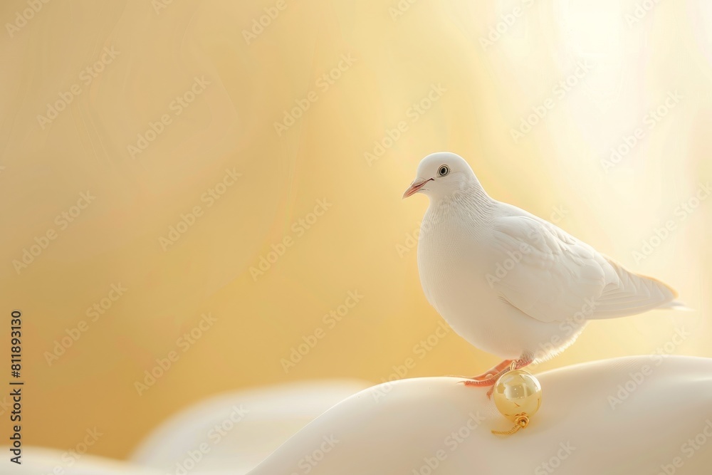 A white dove with golden beads on its legs was perched on the ground. A white dove with golden beads on its legs was perched on the ground.