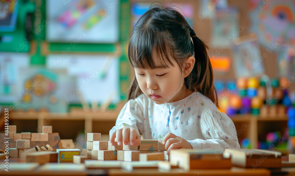 A little girl focuses on playing with wooden blocks in kindergarten, expressing her creativity and developing manual skills. A little girl focuses on playing with wooden blocks in kindergarten, expressing her creativity and developing manual skills.