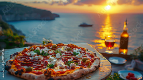 An appetizing pizza placed on a table overlooking the Mediterranean Sea during a scenic sunset, with wine. photo