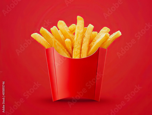 A red box with french fries on it. photo