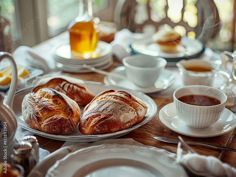 Breakfast on a table with bread, coffee and tea. Breakfast on a table with bread, coffee and tea.