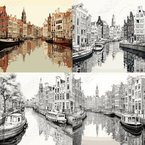 Artistic illustrations of Amsterdam canals with boats and classic Dutch architecture. Vintage-style urban scenery perfect for travel themes, city prints, and European landscape art.

