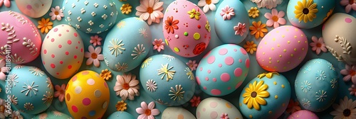 3D colorful Easter eggs and spring flowers on pastel background. Happy Easter banner. photo
