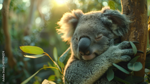 Close-up of a cute  sleepy koala holding onto a branch in tranquil natural surroundings.