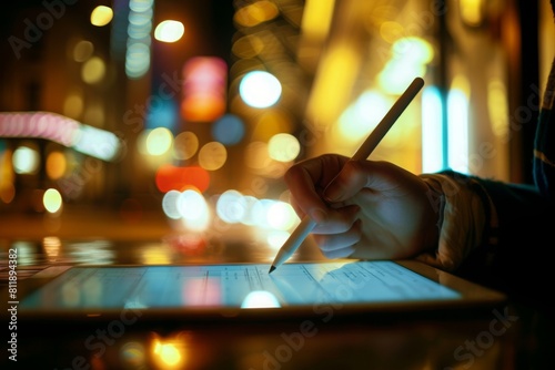 A business person is working in a cafe at night, using a tablet device and a stylus to look up chart indexes and using them for work projects