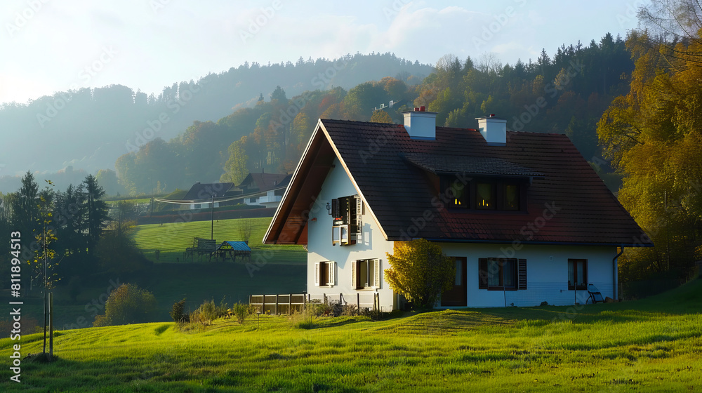 A small house in the middle of a green field. A small house in the middle of a green field.