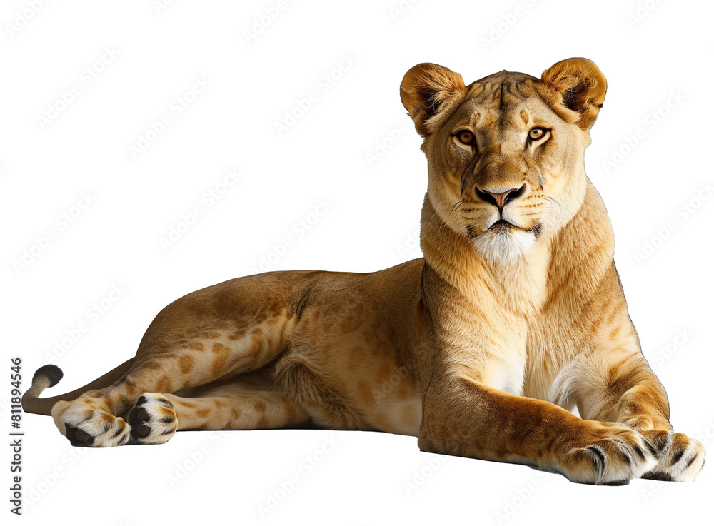 Create an image of a majestic lioness lying down on a white surface