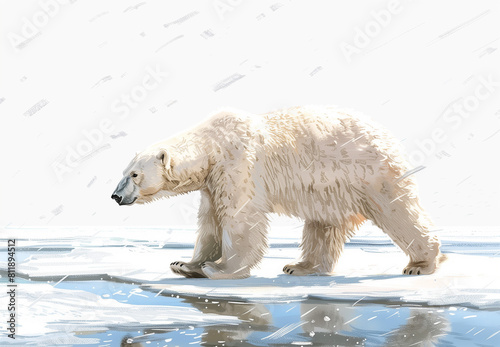 Create an image of a polar bear walking on ice against a white background.