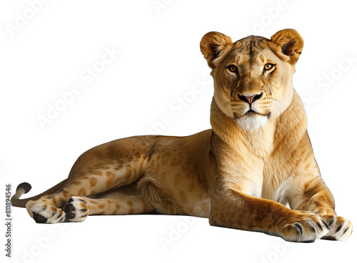 Create an image of a majestic lioness lying down on a white surface