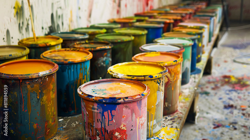 A row of paint cans in a studio. © VISUAL BACKGROUND