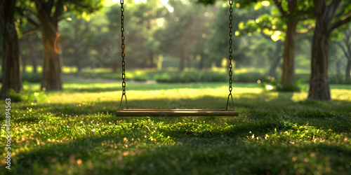 A swing in the forest with lush green trees and grass under sunlight photo