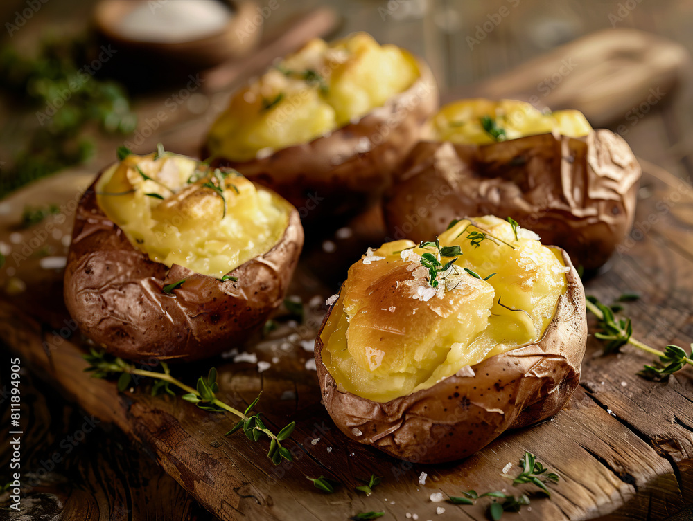 Roasted potatoes with herbs on a wooden cutting board. Roasted potatoes with herbs on a wooden cutting board.