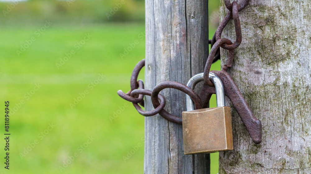 Padlock with chain on the fence. Padlock with chain on the fence.