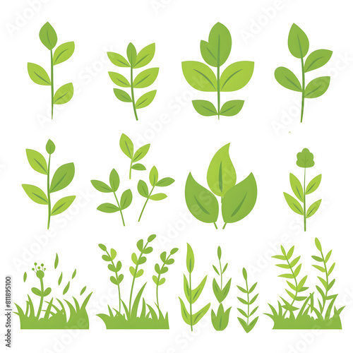  set of A flat vector illustration of some green leaves growing on the ground in a simple and cute style  with a white background 