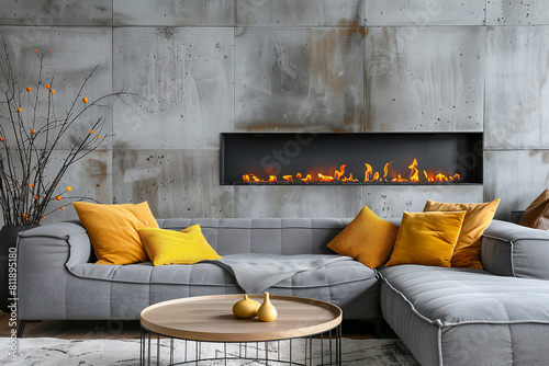 暖炉が埋め込まれたRC壁を背景に、グレーのソファセットが配置されたモダンなリビングルームのインテリア。壁とソファーのグレーを基調に黄色のクッションがポイント。