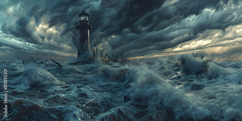 A light house in the sea storm and the clouds  photo