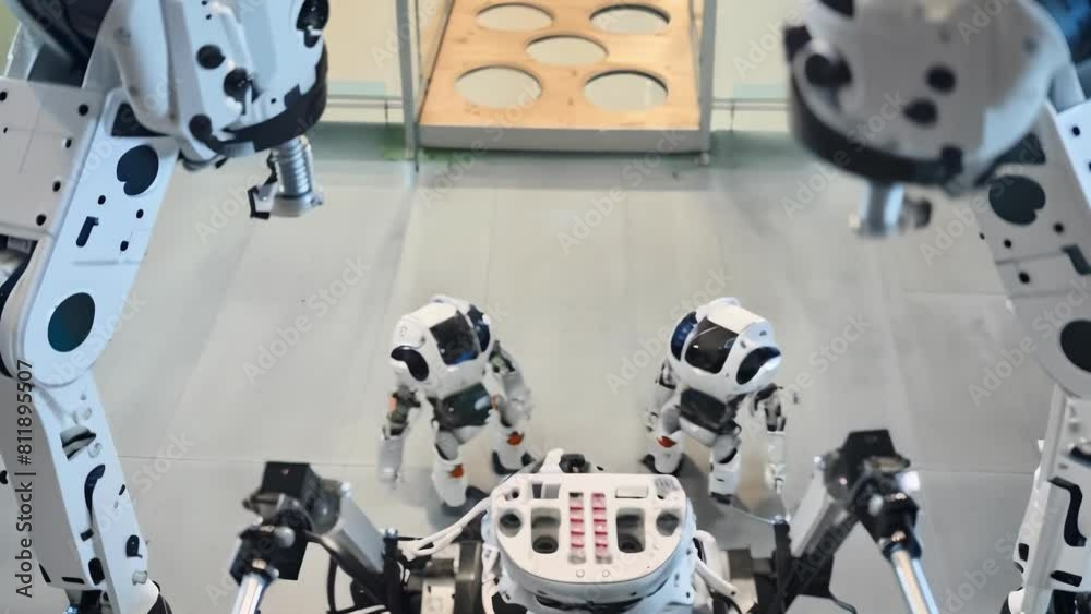 A team of advanced robots stand ready, awaiting commands. Their sophisticated design and synchronized posture convey a sense of anticipation and technological prowess. A team of advanced robots stand ready, awaiting commands. Their sophisticated design and synchronized posture convey a sense of anticipation and technological prowess.