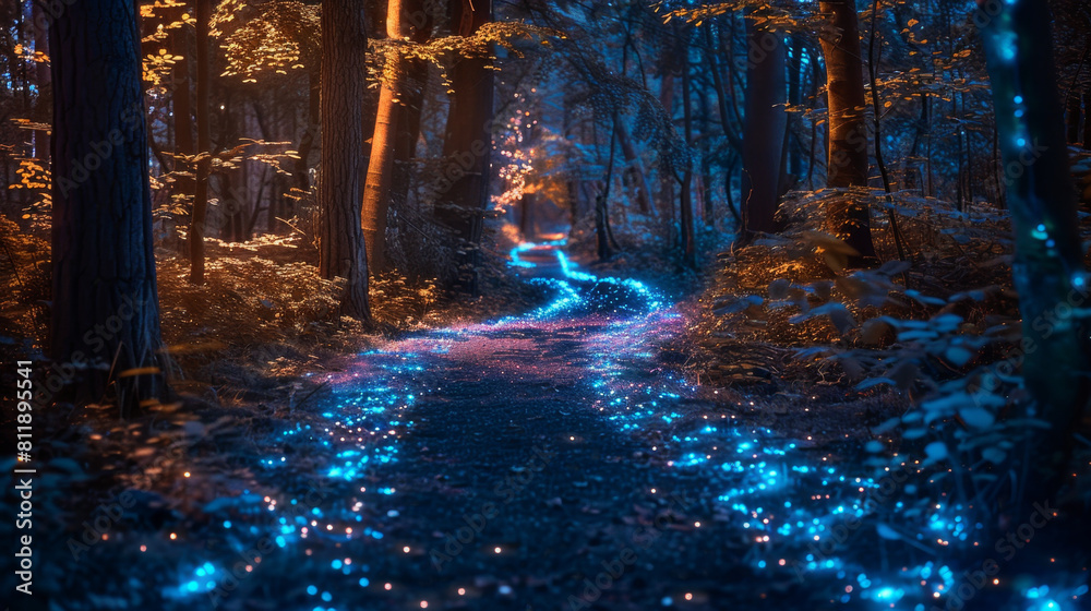 Bioluminescent fungi light up a forest path for an enchanting night stroll.