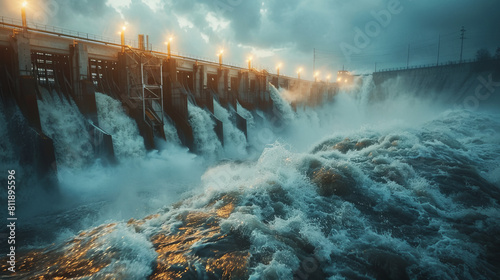 Vibrant hydroelectric dam generating renewable energy with cascading water.