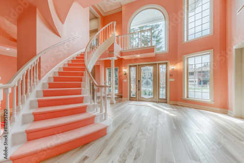 Luxurious home entry with a pastel coral staircase expansive front door and light hardwood flooring extending to a high ceiling Soft inviting style