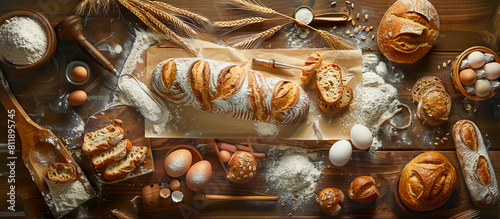 Bread, eggs, flour, and other items on a wooden table.