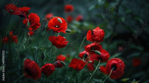 Vivid scarlet poppies bloom and await their turn.