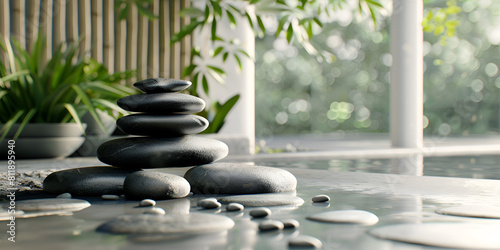 Rocks of the black colour on the table with green leaves