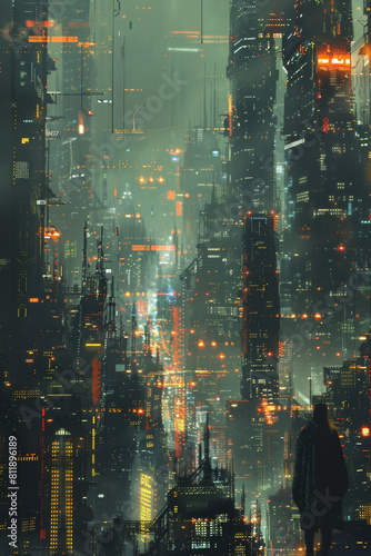 Cityscape transforms from analog to futuristic digital skyline with pixelating buildings.