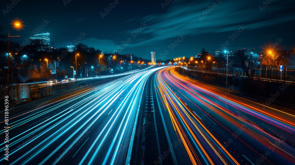 Vibrant light trails on a busy highway at night, capturing the dynamic flow of traffic. Vibrant light trails on a busy highway at night, capturing the dynamic flow of traffic.