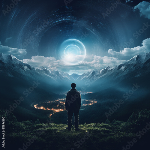 Wondrous image of spaceman travel through stargate with scifi landscape