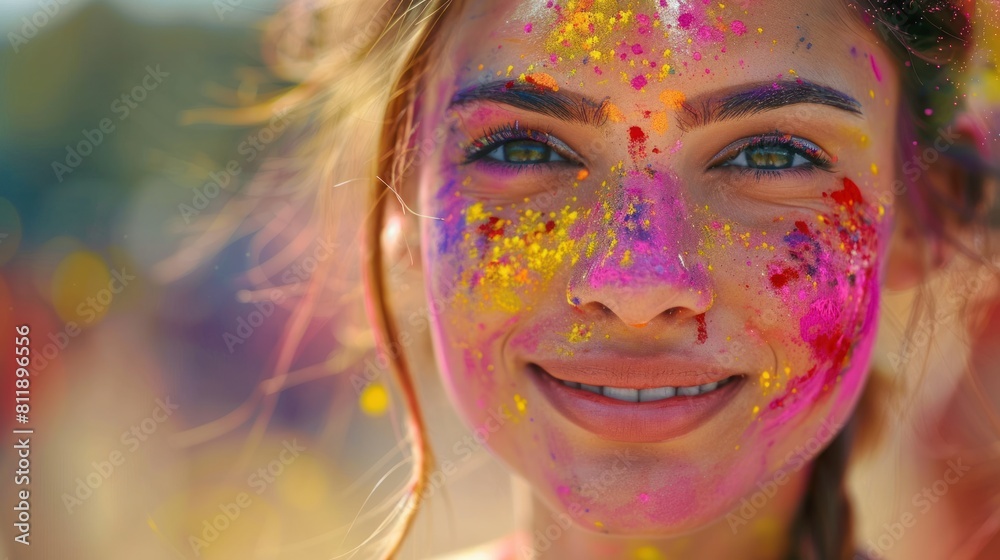 Young beautiful woman with colorful face celebrating Holi festival, a festival of colors