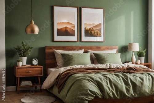 Cozy bedroom interior design with mock-up poster frame  bed with brown bedding  green pillows  bedside table with lamp  and light green wall.