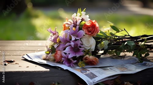 A beautiful bouquet of flowers left on a park bench photo
