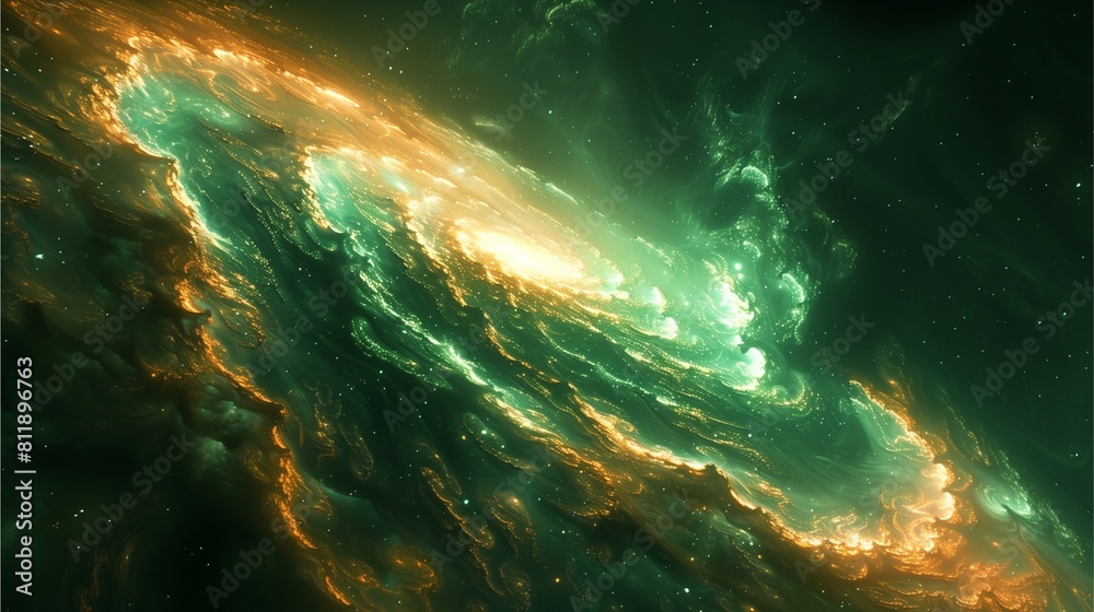 A lively cosmos vista teeming with vibrant green and orange hues, evoking a sense of dynamic energy and boundless exploration.