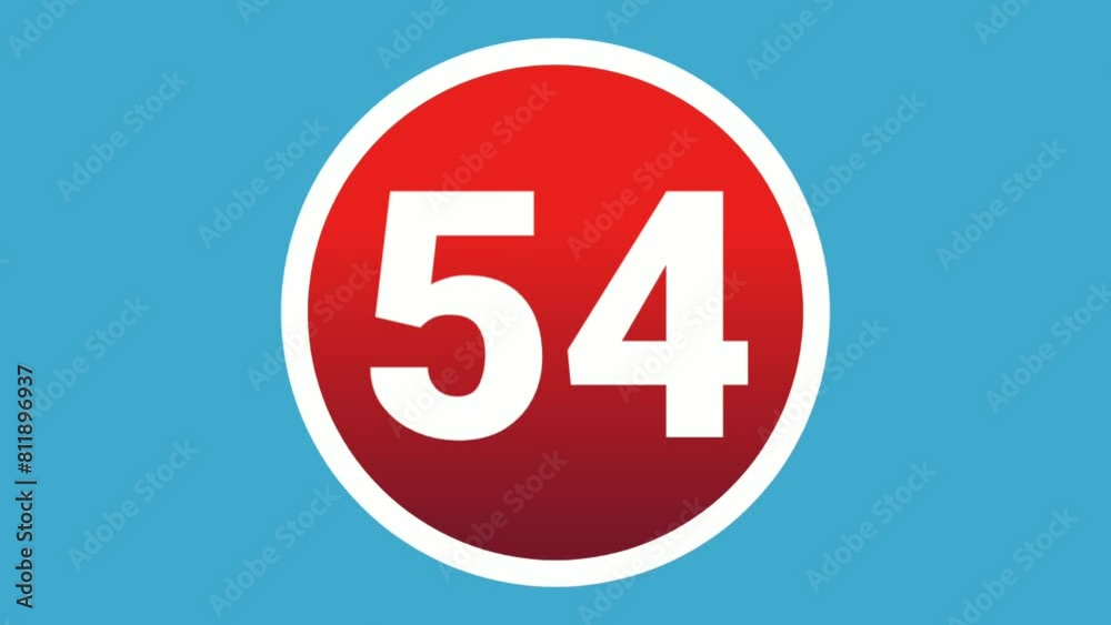 Pop up Number 54 sign symbol 2d animation motion graphics icon on red sphere on blue background,cartoon video numbers for video elements