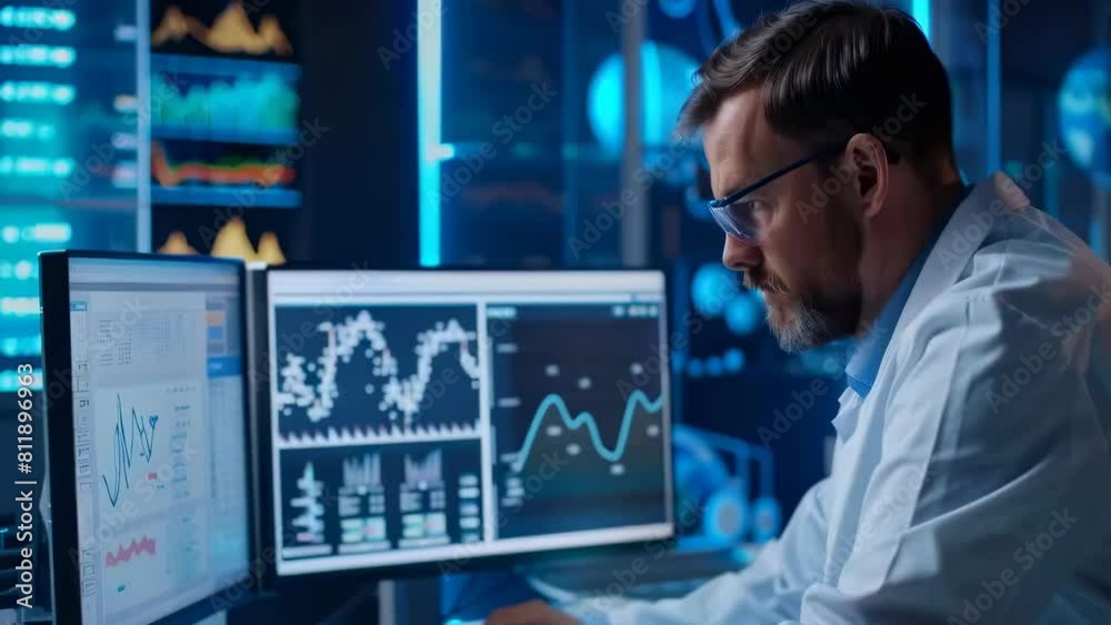 Focused data analyst at work in a modern, blue-lit control room filled with high-resolution monitors displaying financial charts and data analytics. Setting emphasizes precision, advanced technology Focused data analyst at work in a modern, blue-lit control room filled with high-resolution monitors displaying financial charts and data analytics. Setting emphasizes precision, advanced technology